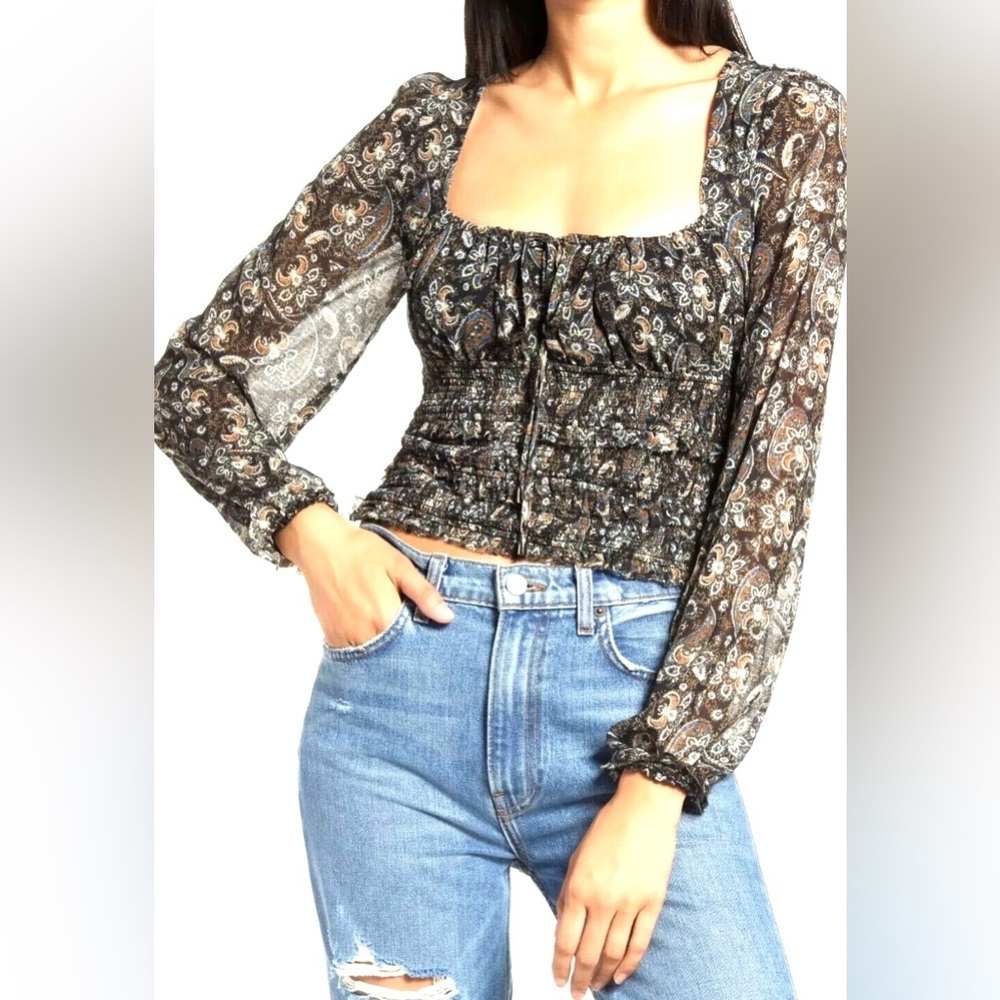 FREE PEOPLE LOLITA PEASANT BLOUSE BOHO CROP TOP PAISLEY FRAYED‎ TRIM SIZE L - Picture 3 of 10